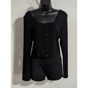 Wild Fable Black Ribbed Long Sleeve Snap Front Cropped Top Blouse Medium